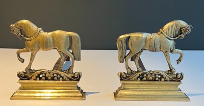 Pair Of Bronze Horse Andirons. French work. Circa 1900