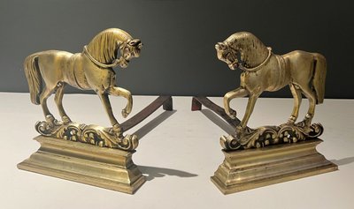 Pair Of Bronze Horse Andirons. French work. Circa 1900