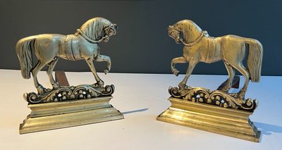 Pair Of Bronze Horse Andirons. French work. Circa 1900