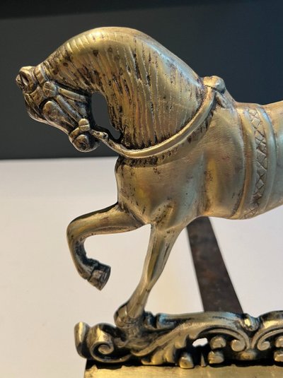 Pair Of Bronze Horse Andirons. French work. Circa 1900