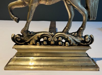 Pair Of Bronze Horse Andirons. French work. Circa 1900