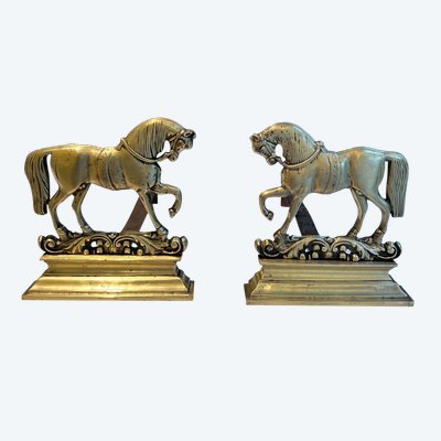 Pair Of Bronze Horse Andirons. French work. Circa 1900