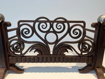 Panier à Bûches Ou Chenets En Fer Forgé Martelé Et Chrome. French work