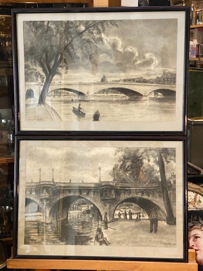 Pair of charcoal drawings, Pont Royal and Pont Neuf, Jacques Nervat