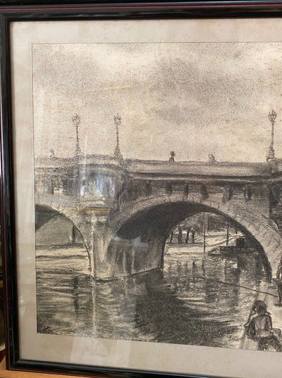 Pair of charcoal drawings, Pont Royal and Pont Neuf, Jacques Nervat