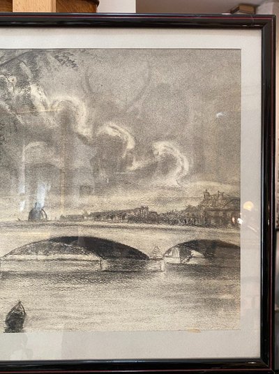 Pair of charcoal drawings, Pont Royal and Pont Neuf, Jacques Nervat