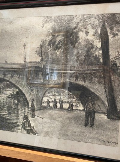 Pair of charcoal drawings, Pont Royal and Pont Neuf, Jacques Nervat