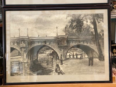 Pair of charcoal drawings, Pont Royal and Pont Neuf, Jacques Nervat