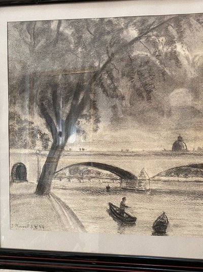 Pair of charcoal drawings, Pont Royal and Pont Neuf, Jacques Nervat