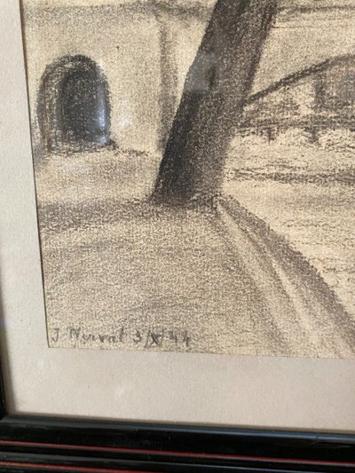 Pair of charcoal drawings, Pont Royal and Pont Neuf, Jacques Nervat