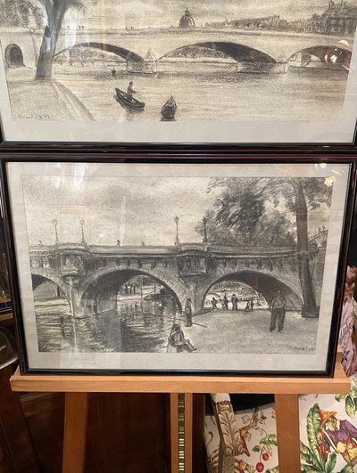 Pair of charcoal drawings, Pont Royal and Pont Neuf, Jacques Nervat