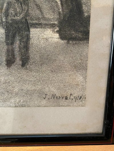Pair of charcoal drawings, Pont Royal and Pont Neuf, Jacques Nervat