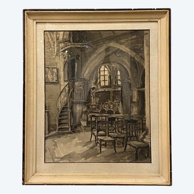 Interno della chiesa, Charles Londot, acquerello