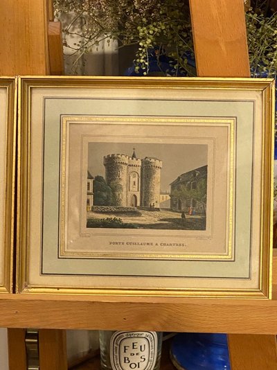 Pair of engravings, Porte Guillaume in Chartres, Chateau de Montigny, 1830