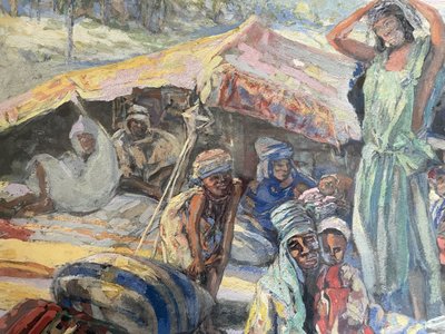Léon RUFFE "I Beduini" bellissima tempera originale firmata. Pittura orientalista