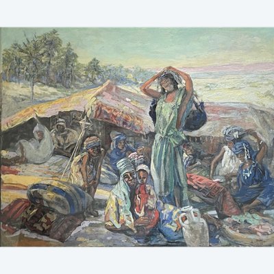 Léon RUFFE "I Beduini" bellissima tempera originale firmata. Pittura orientalista