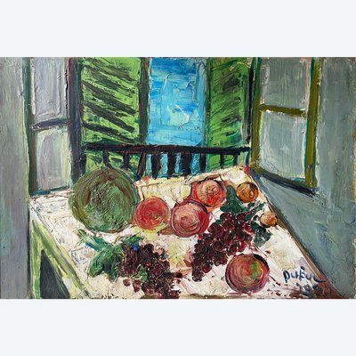 Peinture de Roland Dubuc ( 1924-1981) nature morte à la fenêtre ouverte