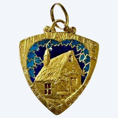 Medaglia d'amore: una casetta e un cuore in oro e smalto Art Nouveau