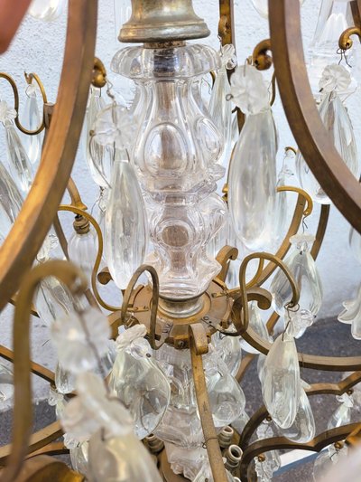 Grand Lustre Cage En Bronze Et Cristal (h142cm), XXème Siècle