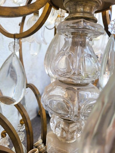 Grand Lustre Cage En Bronze Et Cristal (h142cm), XXème Siècle