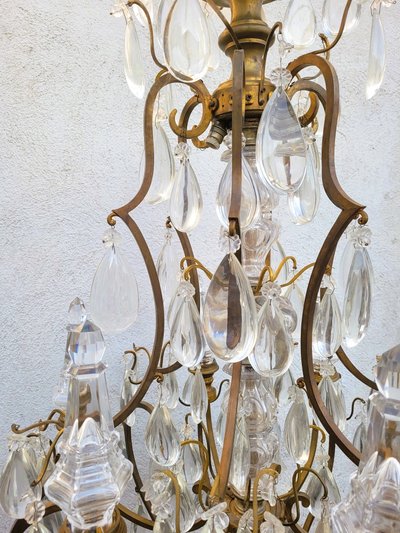 Grand Lustre Cage En Bronze Et Cristal (h142cm), XXème Siècle