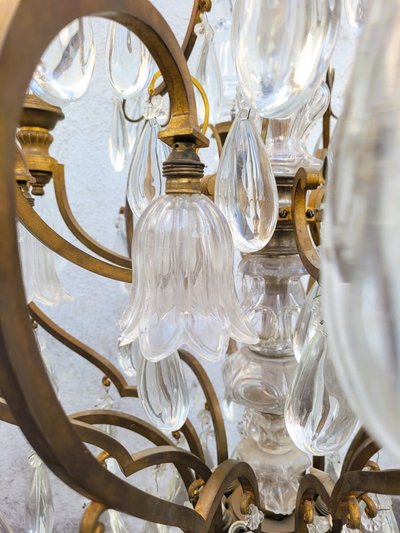 Grand Lustre Cage En Bronze Et Cristal (h142cm), XXème Siècle