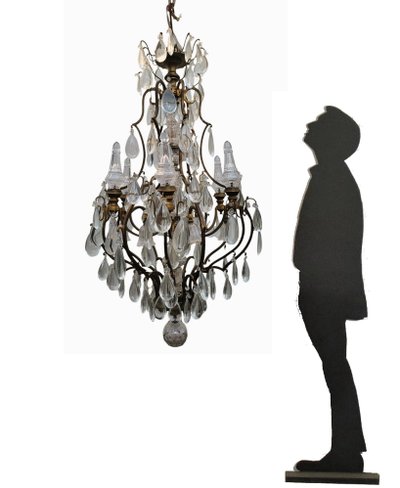 Grand Lustre Cage En Bronze Et Cristal (h142cm), XXème Siècle