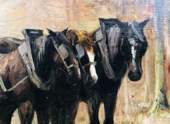 " L'attelage de chevaux ", huile sur panneau d'acajou signée Joseph François, fin XIXème