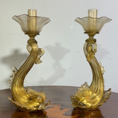 Pair of Murano glass candlesticks / candlesticks dolphins. Salviati manufacture 30s with gold dust