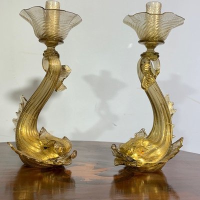 Pair of Murano glass candlesticks / candlesticks dolphins. Salviati manufacture 30s with gold dust