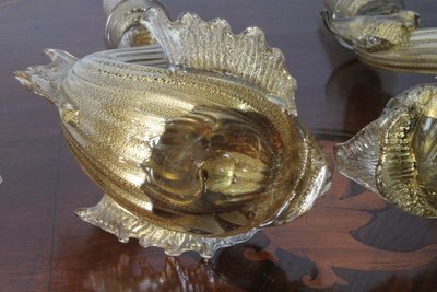 Pair of Murano glass candlesticks / candlesticks dolphins. Salviati manufacture 30s with gold dust