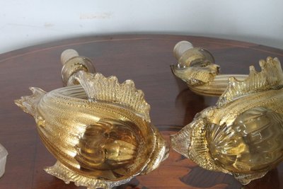 Pair of Murano glass candlesticks / candlesticks dolphins. Salviati manufacture 30s with gold dust