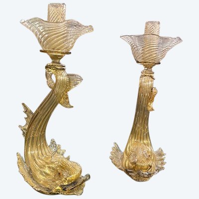 Pair of Murano glass candlesticks / candlesticks dolphins. Salviati manufacture 30s with gold dust