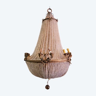 Großer Kronleuchter (H153cm) Perlenbeutel oder Heißluftballon, spätes 19., frühes 20. Jahrhundert