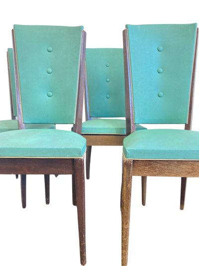 Suite de 4 chaises art déco vertes en hêtre teinté et simili cuir Circa 1960