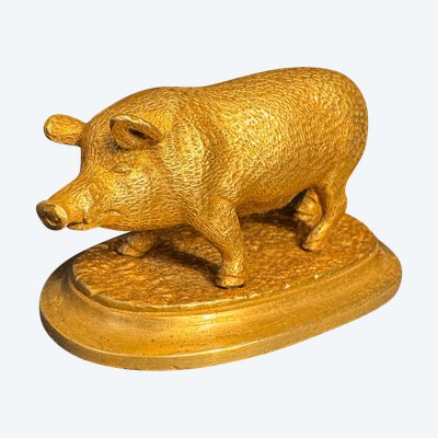 Vergoldete Bronze-Tierskulptur „Schwein“, spätes 19. Jahrhundert