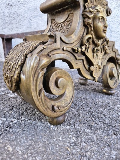 Pair of Louis XIV Style Bronze and Iron Andirons, 19th Century
