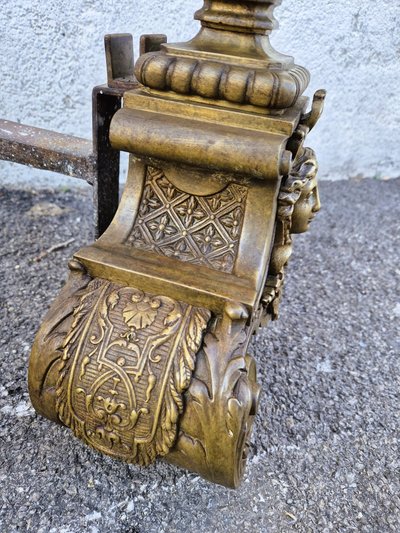 Pair of Louis XIV Style Bronze and Iron Andirons, 19th Century