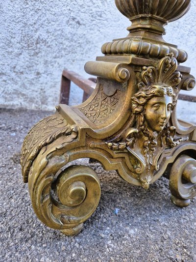 Pair of Louis XIV Style Bronze and Iron Andirons, 19th Century