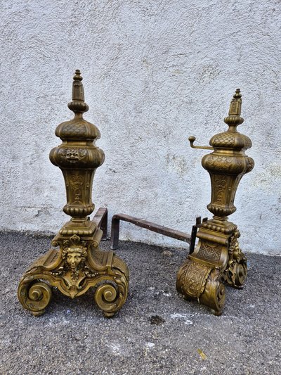 Pair of Louis XIV Style Bronze and Iron Andirons, 19th Century