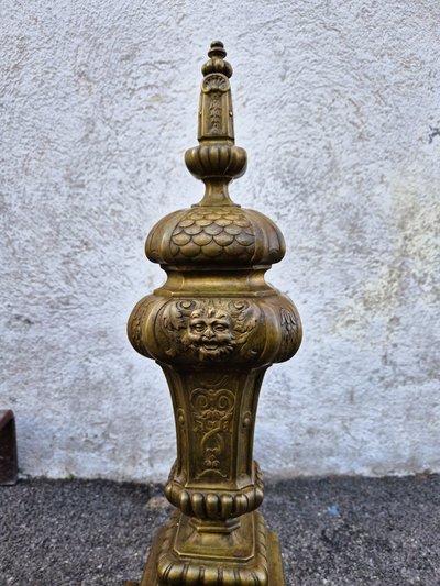 Pair of Louis XIV Style Bronze and Iron Andirons, 19th Century