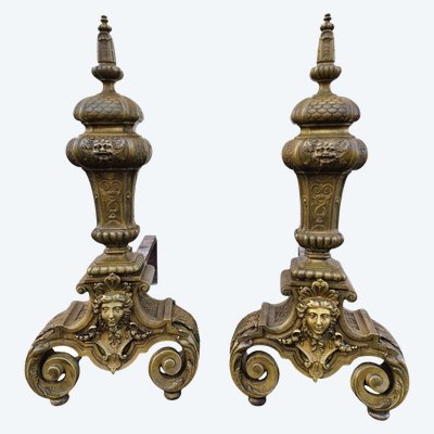 Pair of Louis XIV Style Bronze and Iron Andirons, 19th Century