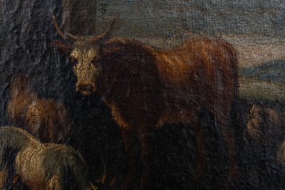 Oil on canvas 18th century scene of animals and shepherd gilded frame