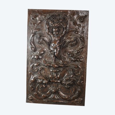 PUTTO, Bas relief cuivre sur bois, XIXème