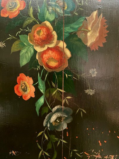Two antique woodwork panels, lacquered with flower decoration