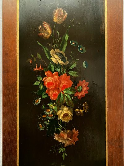 Two antique woodwork panels, lacquered with flower decoration