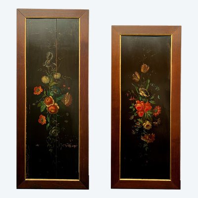 Two antique woodwork panels, lacquered with flower decoration