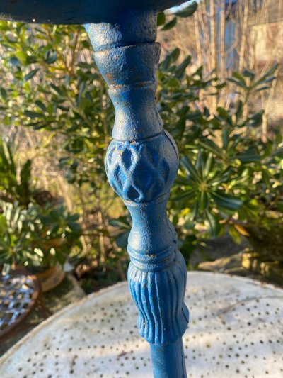 Bellissimo bagno per uccelli decorato su un supporto in ghisa Napoleone III laccato in blu intenso