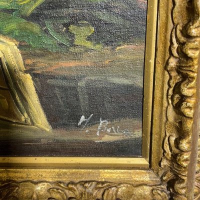 Peinture ancienne à l'huile sur bois. Atelier de l'artiste. Epoque 1850 avec cadre doré ancien. Taille 64 x 50 .