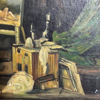 Peinture ancienne à l'huile sur bois. Atelier de l'artiste. Epoque 1850 avec cadre doré ancien. Taille 64 x 50 .